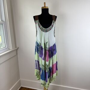 Vintage Boho Palm Tree Embroidered Rayon Swing Dress | India Boutique